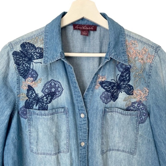 GLORIA VANDERBILT Chambray Shirt Butterfly Medley Embroidered Blue Women Size L - Picture 7 of 16